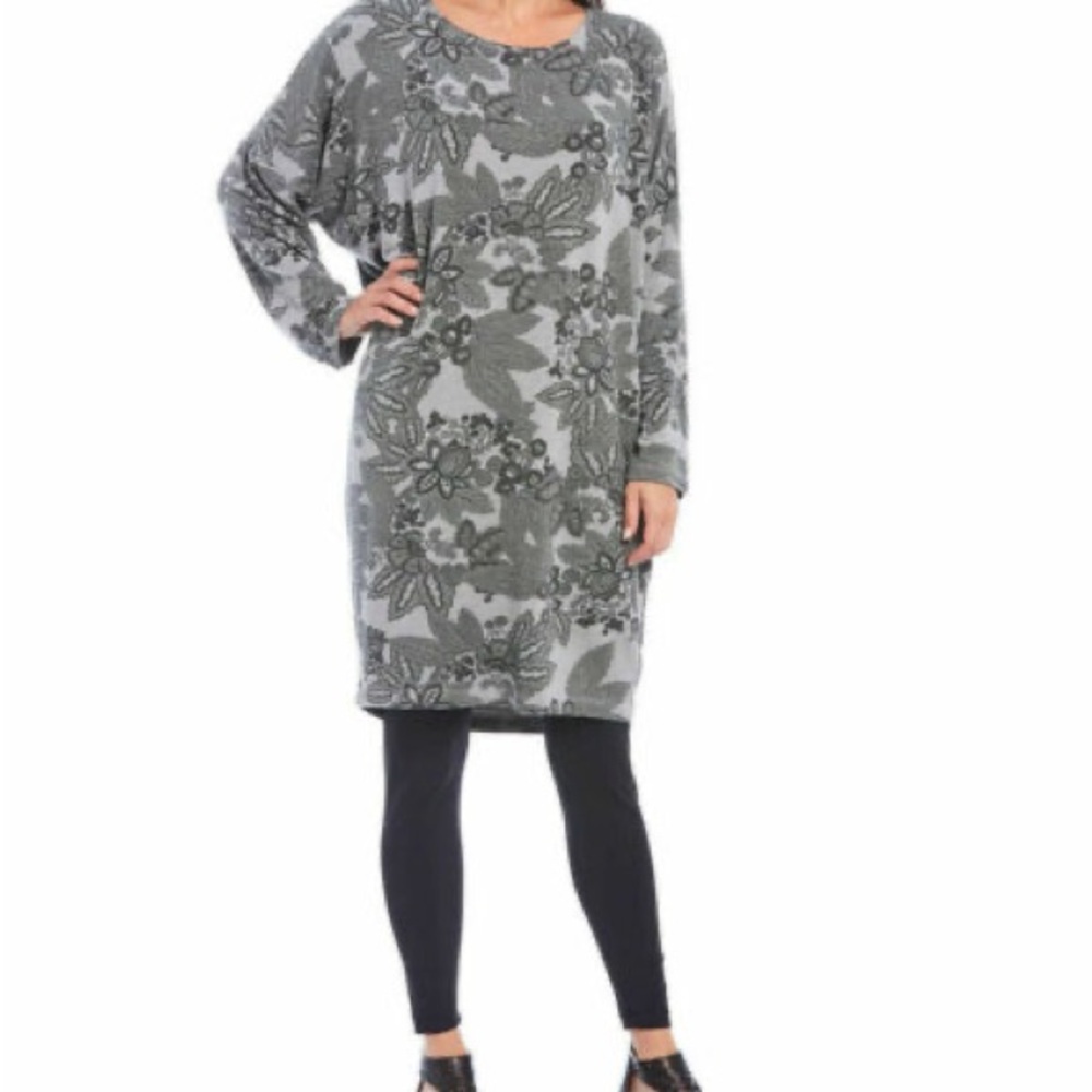Bryn Walker Alanna French Terry Floral Print Cocoon Tunic Dress Dove Grey XL